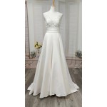 A-line - Satin Wedding Dress with Pleated Waist Line and Sheer Lacy Tank Top Bodice - OU-A3003