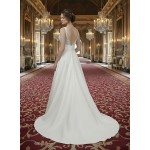 A-line - Satin Wedding Dress with Pleated Waist Line and Sheer Lacy Tank Top Bodice - OU-A3003