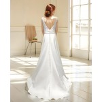 A-line - Satin Wedding Dress with Pleated Waist Line and Sheer Lacy Tank Top Bodice - OU-A3003