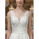 A-line - Satin Wedding Dress with Pleated Waist Line and Sheer Lacy Tank Top Bodice - OU-A3003