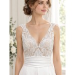 A-line - Satin Wedding Dress with Pleated Waist Line and Sheer Lacy Tank Top Bodice - OU-A3003