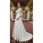 A-line - Satin Wedding Dress with Pleated Waist Line and Sheer Lacy Tank Top Bodice - OU-A3003