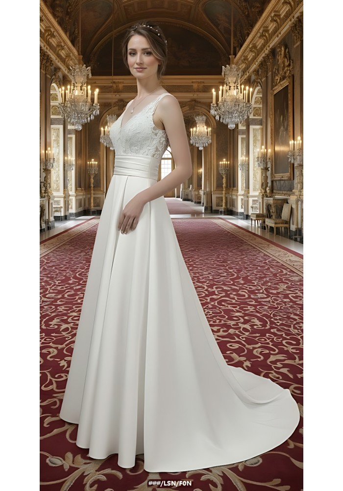 A-line - Satin Wedding Dress with Pleated Waist Line and Sheer Lacy Tank Top Bodice - OU-A3003