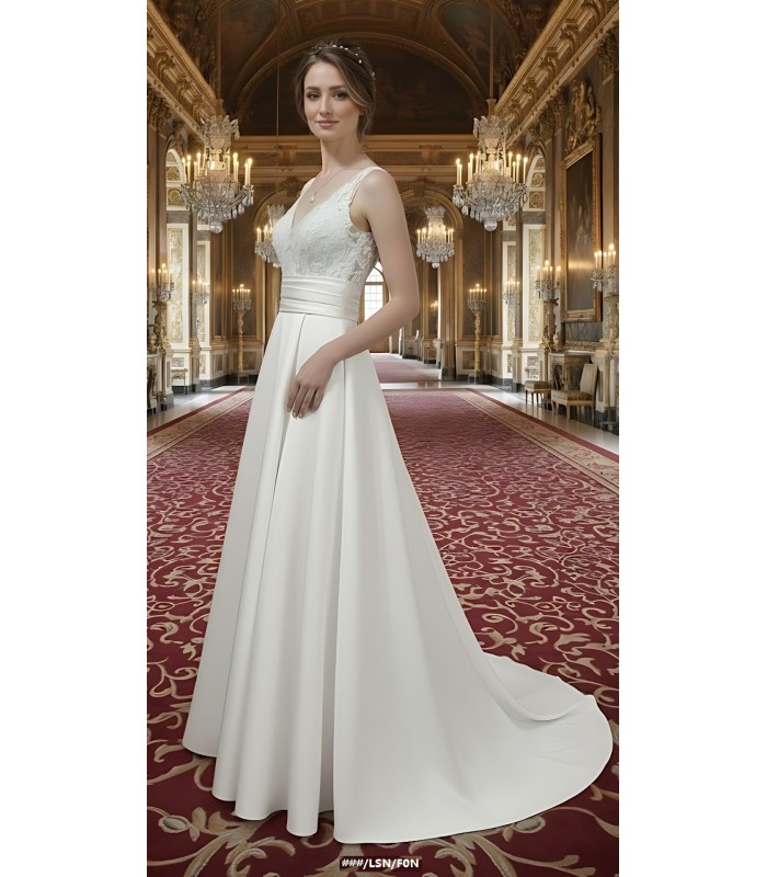 A-line - Satin Wedding Dress with Pleated Waist Line and Sheer Lacy Tank Top Bodice - OU-A3003