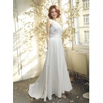 A-line - Satin Wedding Dress with Pleated Waist Line and Sheer Lacy Tank Top Bodice - OU-A3003