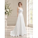 A-line - Satin Wedding Dress with Pleated Waist Line and Sheer Lacy Tank Top Bodice - OU-A3003