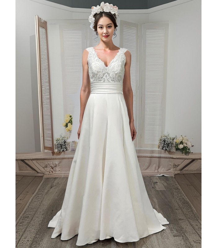 A-line - Satin Wedding Dress with Pleated Waist Line and Sheer Lacy Tank Top Bodice - OU-A3003