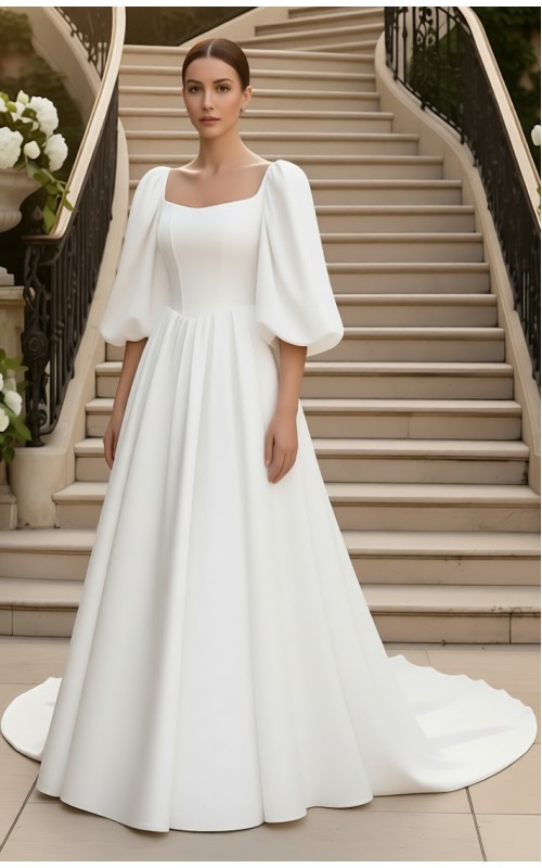 Regal Premium Crepe A-Line Wedding Dress with Basque waistline, Puff Sleeves, and Cathedral Train - OU-A6006