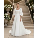 Regal Premium Crepe A-Line Wedding Dress with Basque waistline, Puff Sleeves, and Cathedral Train - OU-A6006