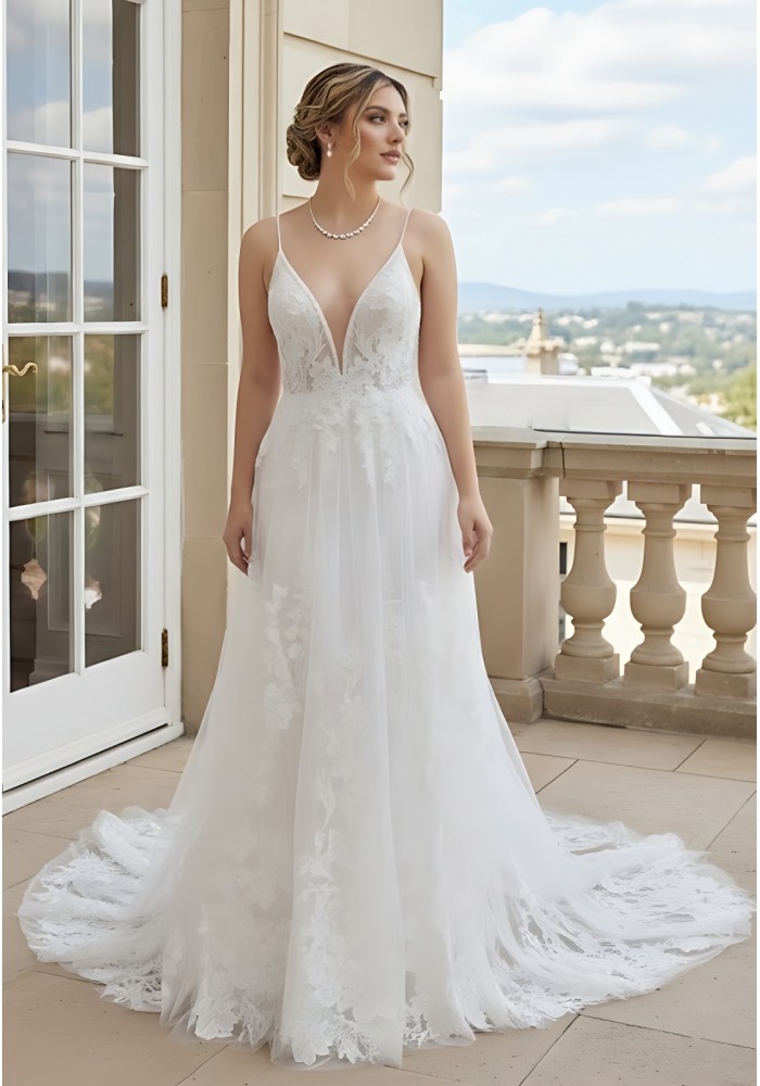 Fitted and Flare Plunge V-neck  Crystal Beaded Floral Lace Tulle Wedding Dress - OU-F1002