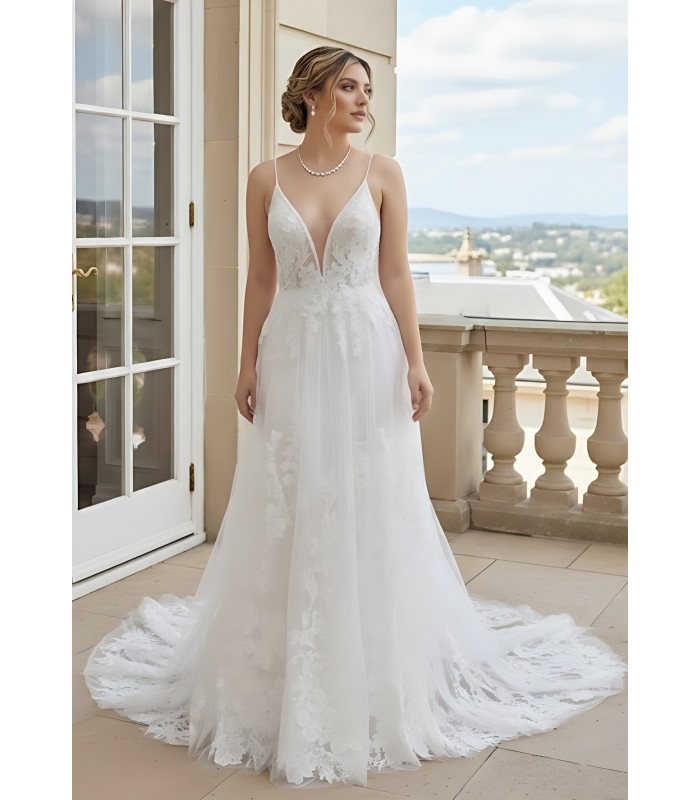 Fitted and Flare Plunge V-neck  Crystal Beaded Floral Lace Tulle Wedding Dress - OU-F1002