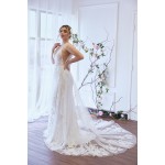 Fitted and Flare Plunge V-neck  Crystal Beaded Floral Lace Tulle Wedding Dress - OU-F1002