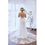 Fitted and Flare Plunge V-neck  Crystal Beaded Floral Lace Tulle Wedding Dress - OU-F1002