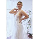 Fitted and Flare Plunge V-neck  Crystal Beaded Floral Lace Tulle Wedding Dress - OU-F1002