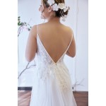 Fitted and Flare Plunge V-neck  Crystal Beaded Floral Lace Tulle Wedding Dress - OU-F1002