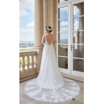Fitted and Flare Plunge V-neck  Crystal Beaded Floral Lace Tulle Wedding Dress - OU-F1002