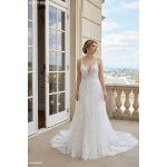 Fitted and Flare Plunge V-neck  Crystal Beaded Floral Lace Tulle Wedding Dress - OU-F1002