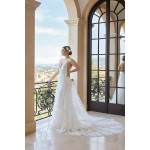 Fitted and Flare Plunge V-neck  Crystal Beaded Floral Lace Tulle Wedding Dress - OU-F1002
