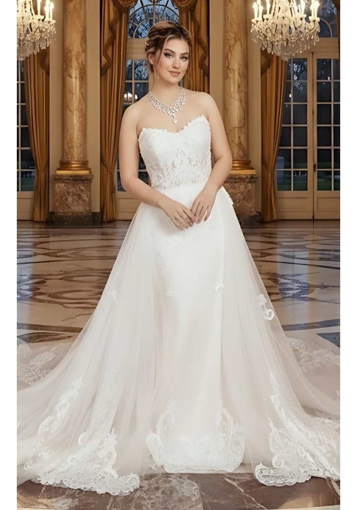 Fitted and Flare Sweet-Heart Beaded Lace Tulle with Heavy Lace Placement Over-Skirt Wedding Dress - OU-F1003OS