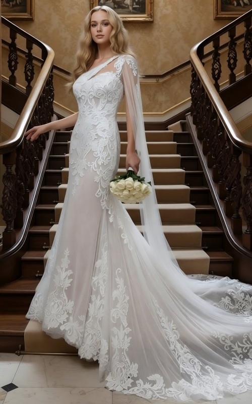 A luxurious one-shoulder mermaid wedding dress open back with a detachable shoulder cape - OU-F1007