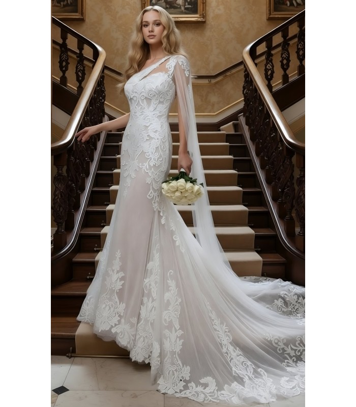 A luxurious one-shoulder mermaid wedding dress open back with a detachable shoulder cape - OU-F1007