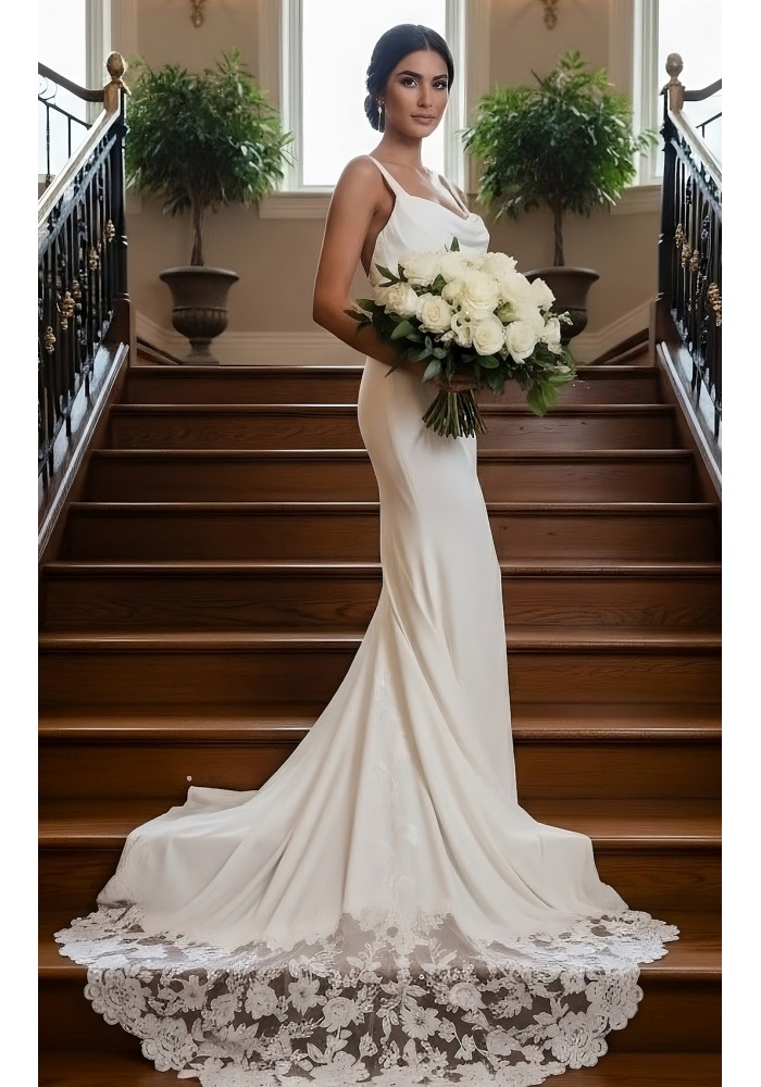 Wedding Dress - Crepe  Fitted and Flare Cowl Neckline with Rosy Cut-Out Train - OU-F2011