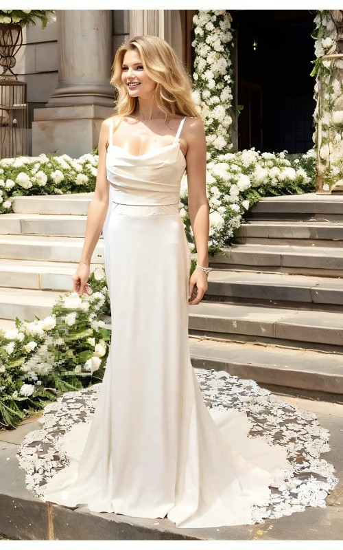 Wedding Dress - Crepe  Fitted and Flare Cowl Neckline with Rosy Cut-Out Train - OU-F2011