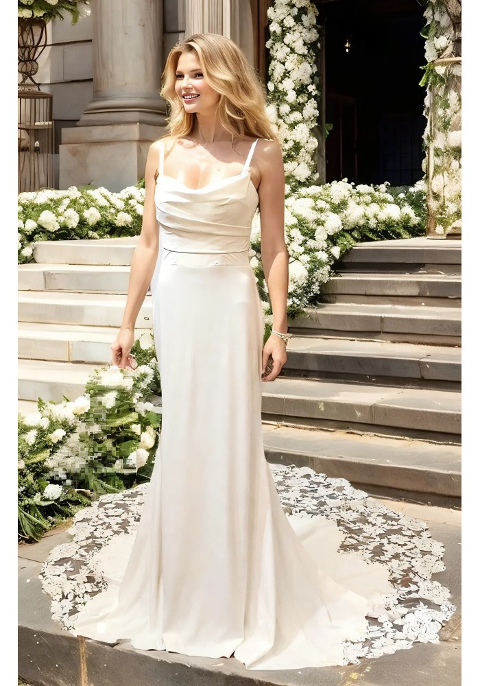 Wedding Dress - Crepe  Fitted and Flare Cowl Neckline with Rosy Cut-Out Train - OU-F2011